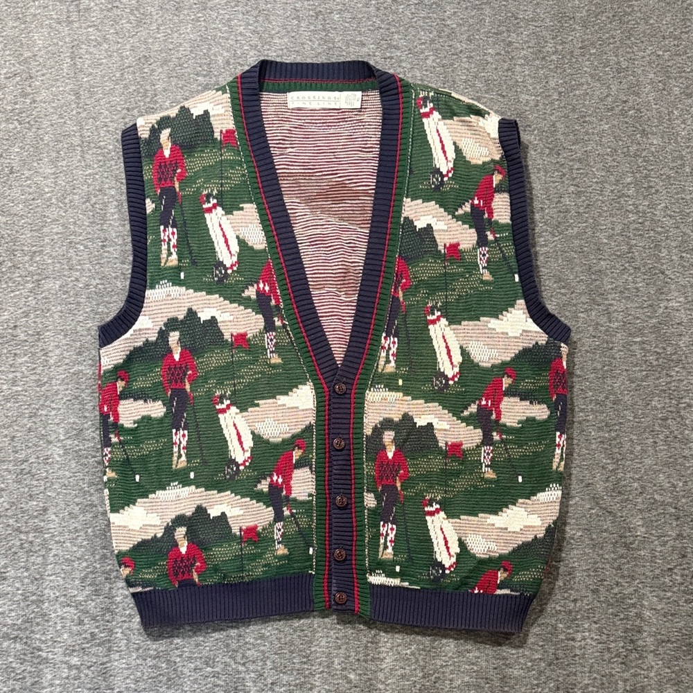Vintage Cable‎ Knit Grandpacore Button Up Golf Print Sweater Vest Academia